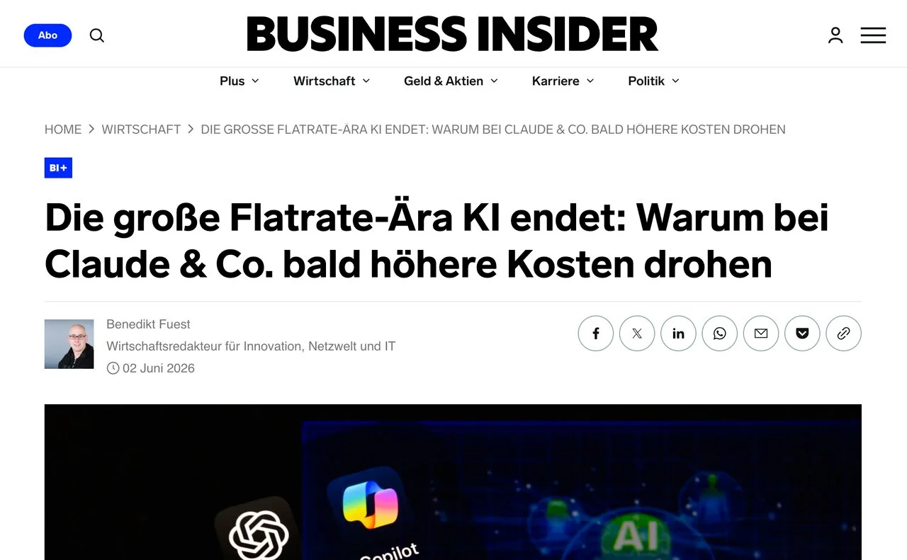 Artikel in Business Insider: Die große Flatrate-Ära KI endet