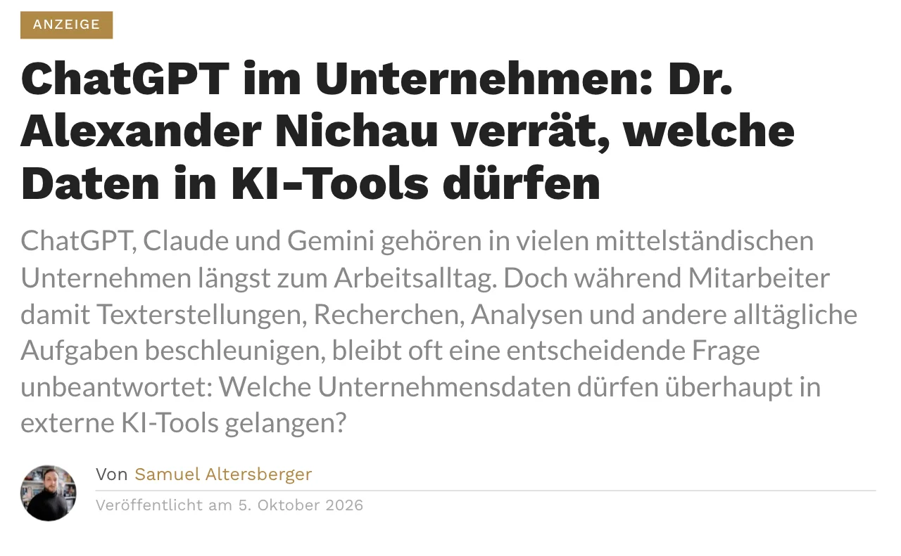 Beitrag im GEWINNERmagazin: ChatGPT im Unternehmen — Dr. Alexander Nichau verr&auml;t, welche Daten in KI-Tools d&uuml;rfen
