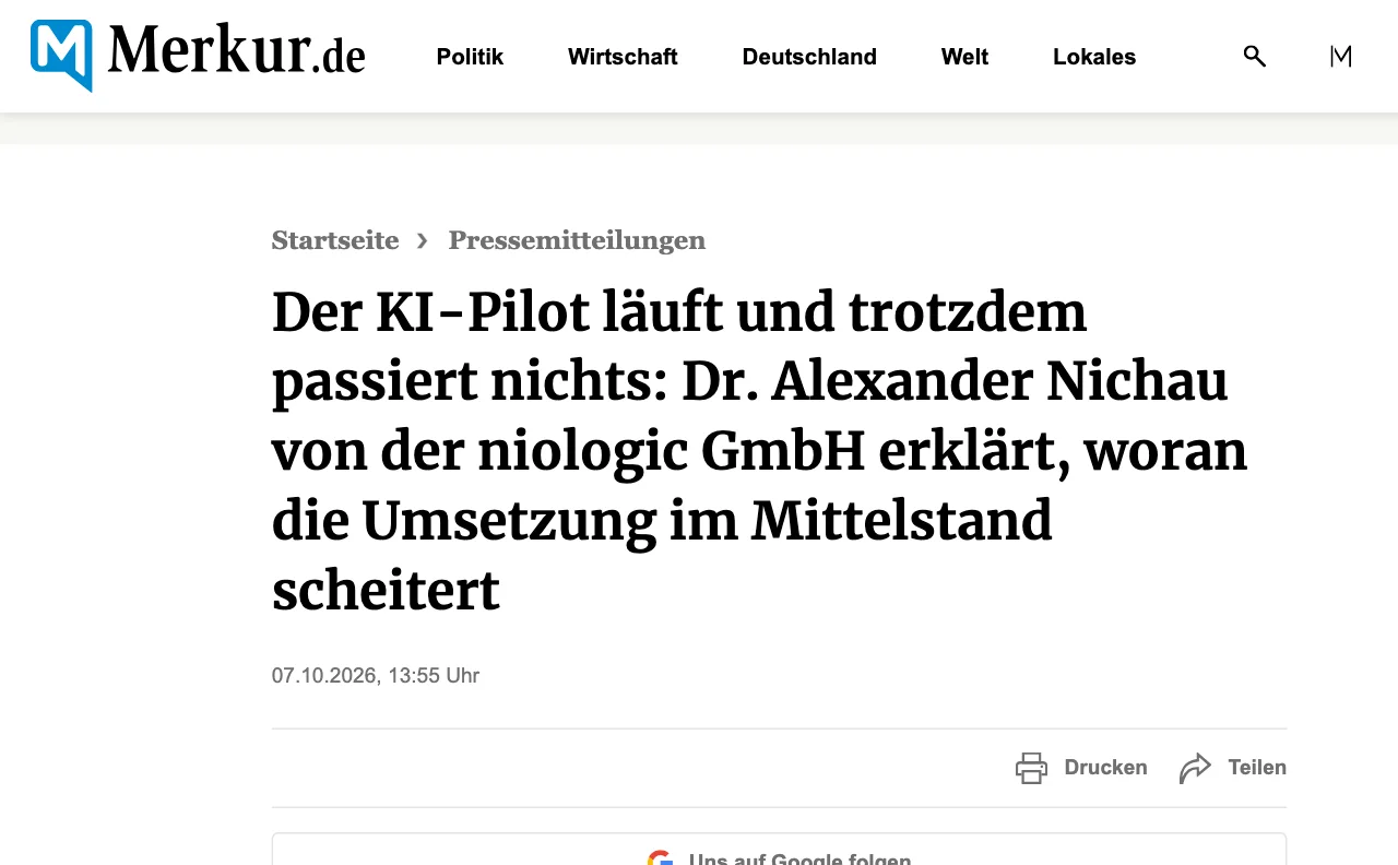 Pressemitteilung im Merkur: Der KI-Pilot l&auml;uft und trotzdem passiert nichts — Dr. Alexander Nichau erkl&auml;rt, woran die Umsetzung im Mittelstand scheitert