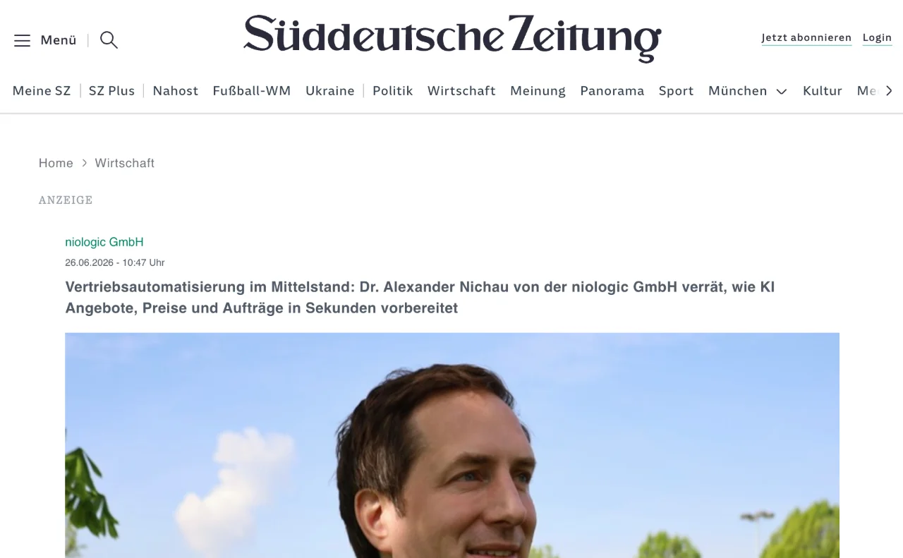Artikel in der Süddeutschen Zeitung: Vertriebsautomatisierung im Mittelstand mit Dr. Alexander Nichau von niologic