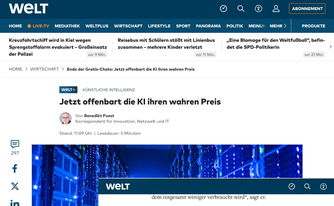 Artikel in WELT: Ende der Gratis-Chats: Jetzt offenbart die KI ihren wahren Preis